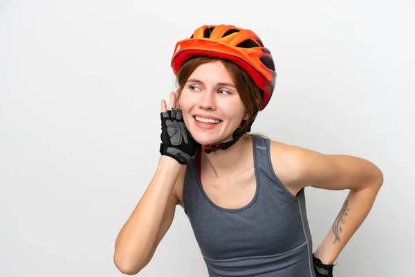 Genç Bisikletçi Ngiliz Kadın Beyaz Arka Planda Izole Edilmiş Bir — Stok fotoğraf