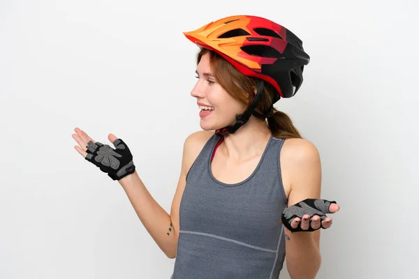 Young Cyclist English Woman Isolated White Background Surprise Expression While — Stock Photo, Image