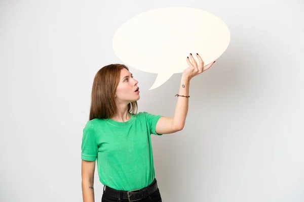 Young English Woman Isolated White Background Holding Empty Speech Bubble — Fotografia de Stock