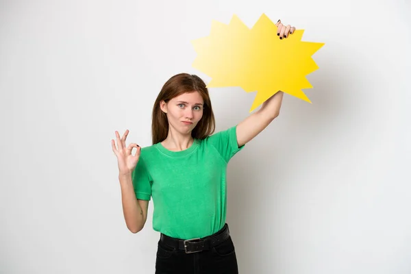 Young English Woman Isolated White Background Holding Empty Speech Bubble — Foto Stock