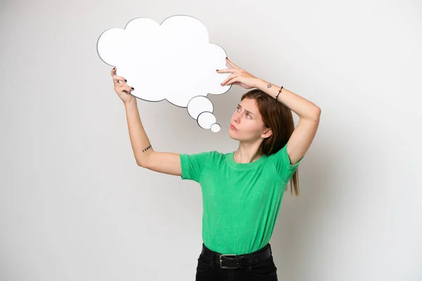 Young English Woman Isolated White Background Holding Thinking Speech Bubble — Fotografia de Stock