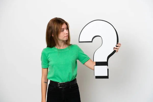 Young English Woman Isolated White Background Holding Question Mark Icon — Stock Photo, Image