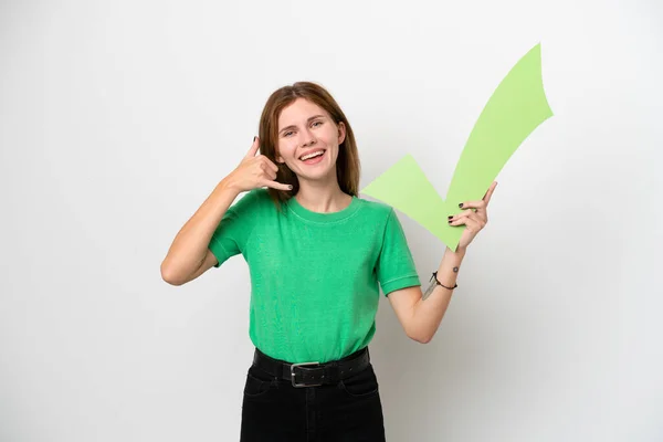 Jovem Inglesa Isolada Fundo Branco Segurando Ícone Cheque Fazendo Gesto — Fotografia de Stock