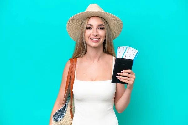 Blonde Woman Swimsuit Holding Passport Isolated Blue Background Smiling Lot — Foto de Stock