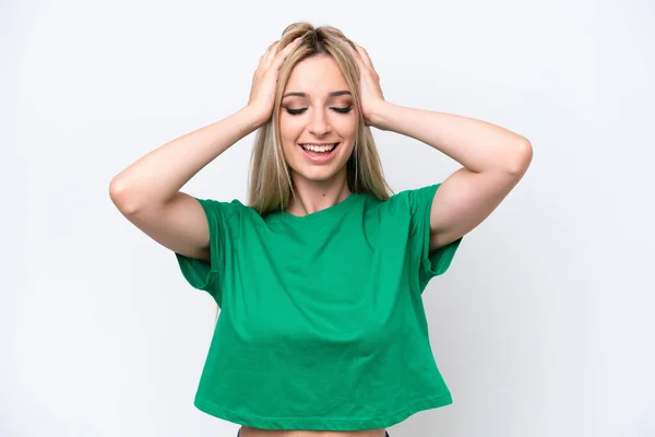 Mooie Blonde Vrouw Geïsoleerd Witte Achtergrond Lachen — Stockfoto