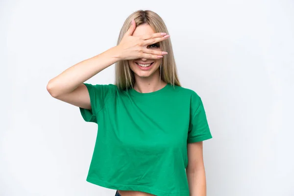 Pretty Blonde Woman Isolated White Background Covering Eyes Hands Smiling — Stockfoto