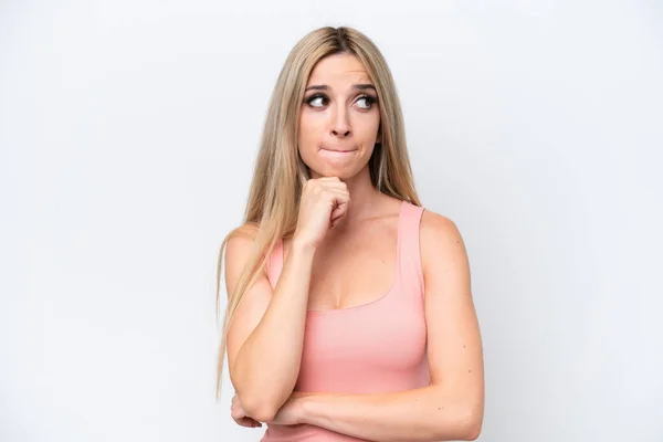 Pretty Blonde Woman Isolated White Background Having Doubts Thinking — 스톡 사진