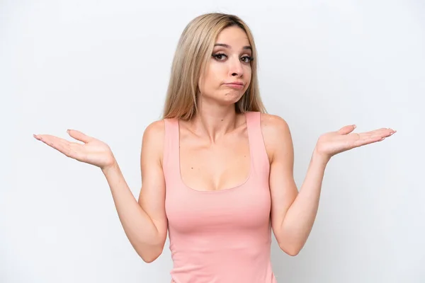 Pretty Blonde Woman Isolated White Background Making Doubts Gesture — Stock Photo, Image