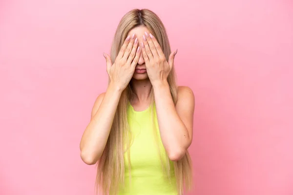 Pretty Blonde Woman Isolated Pink Background Covering Eyes Hands — Stok fotoğraf