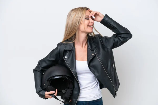 Mujer Rubia Bonita Con Casco Moto Aislado Sobre Fondo Blanco —  Fotos de Stock