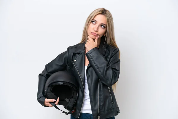 Pretty Blonde Woman Motorcycle Helmet Isolated White Background Having Doubts — Stockfoto