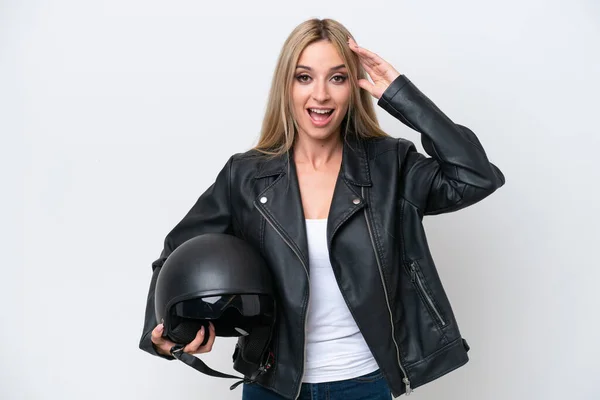 Mujer Rubia Bonita Con Casco Moto Aislado Sobre Fondo Blanco —  Fotos de Stock