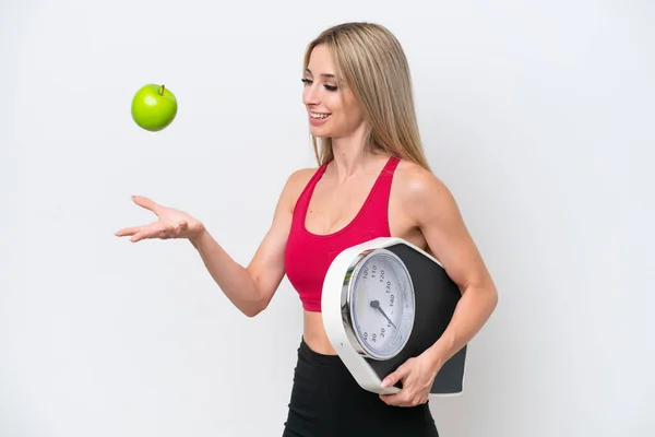 Pretty Blonde Woman Isolated White Background Weighing Machine Apple — Stockfoto