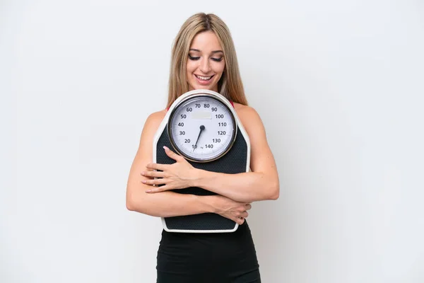 Pretty Blonde Woman Isolated White Background Weighing Machine —  Fotos de Stock