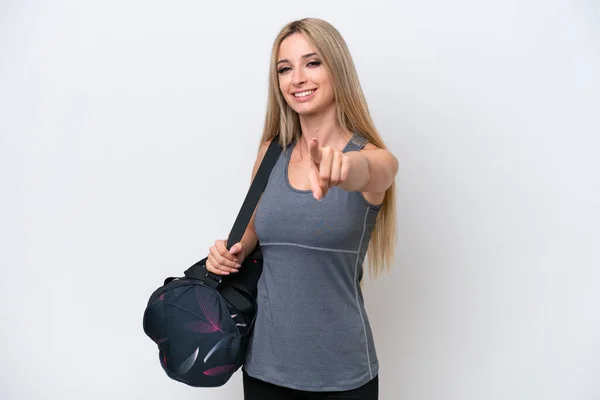 Young Sport Woman Sport Bag Isolated White Background Points Finger — Stock Fotó