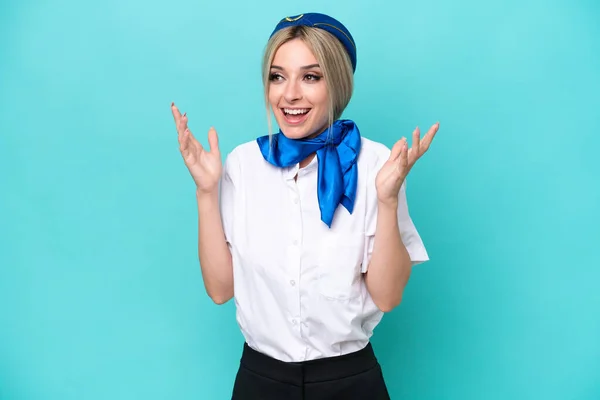 Airplane Blonde Stewardess Woman Isolated Blue Background Surprise Facial Expression — Stock Photo, Image