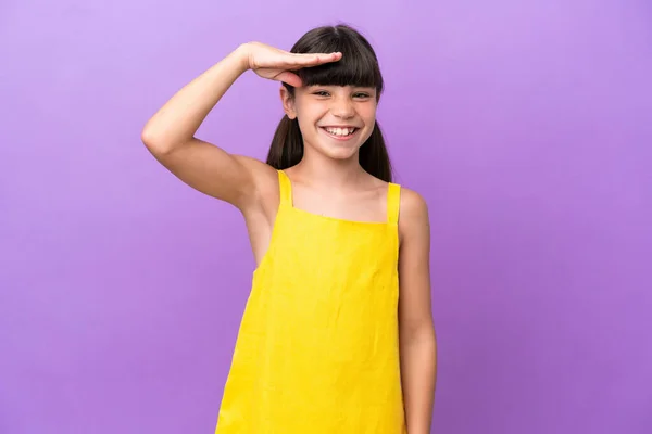 Little Caucasian Kid Isolated Purple Background Saluting Hand Happy Expression — 스톡 사진