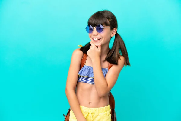 Little Caucasian Kid Going Beach Isolated Blue Background Looking Side — Stock Photo, Image