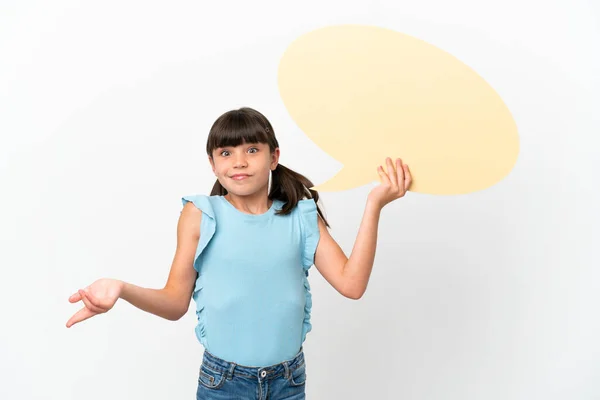 Little Caucasian Kid Isolated White Background Holding Empty Speech Bubble — стоковое фото