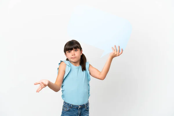 Little Caucasian Kid Isolated White Background Holding Empty Speech Bubble — Foto de Stock