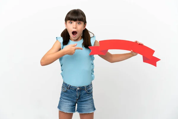 Little Caucasian Kid Isolated White Background Holding Empty Placard Surprised — Zdjęcie stockowe