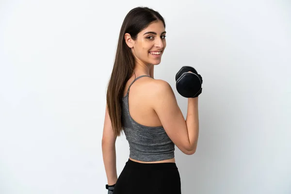 Junge Kaukasische Frau Isoliert Auf Weißem Hintergrund Macht Gewichtheben — Stockfoto