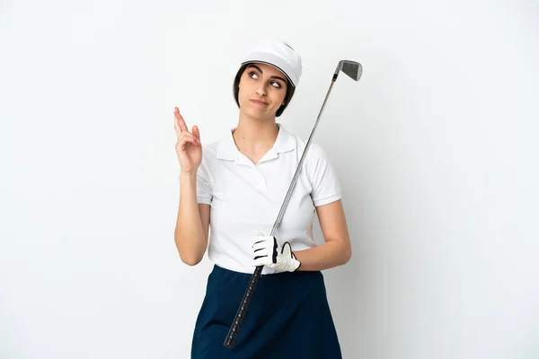 Belle Jeune Golfeuse Femme Isolée Sur Fond Blanc Avec Les — Photo