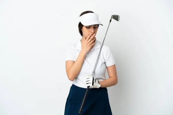 Handsome Young Golfer Player Woman Isolated White Background Having Doubts — Foto de Stock