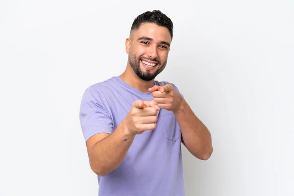 Young Arab Handsome Man Isolated White Background Surprised Pointing Front — Foto Stock