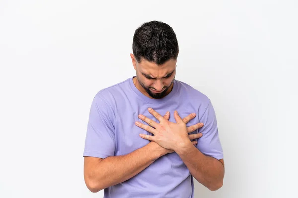 Young Arab Handsome Man Isolated White Background Having Pain Heart — Stock Photo, Image