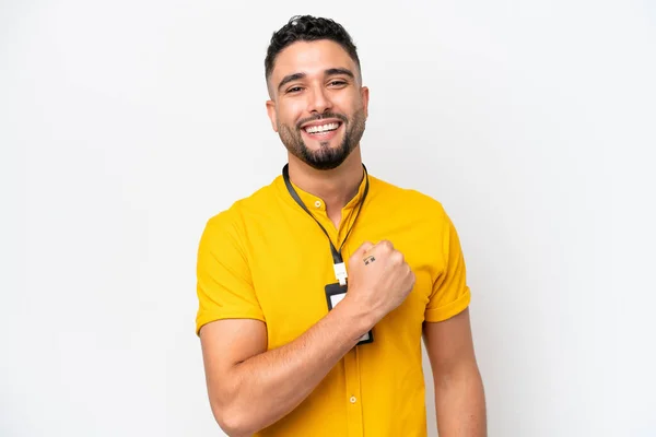 Young Arab Man Card Isolated White Background Celebrating Victory — Stockfoto