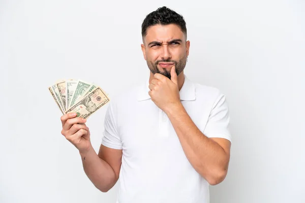 Young Arab Man Taking Lot Money Isolated White Background Having — Stockfoto