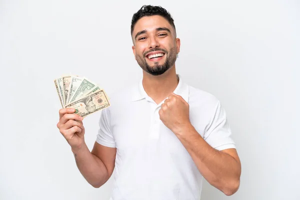 Young Arab Man Taking Lot Money Isolated White Background Celebrating — Photo