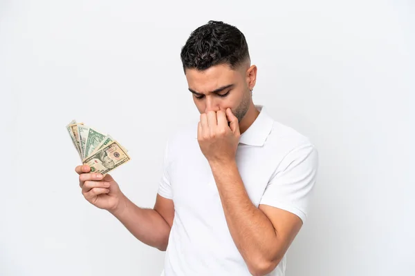 Jonge Arabische Man Neemt Veel Geld Geïsoleerd Witte Achtergrond Met — Stockfoto