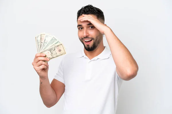 Νεαρός Άραβας Παίρνει Πολλά Χρήματα Που Απομονώνονται Λευκό Φόντο Κάνει — Φωτογραφία Αρχείου