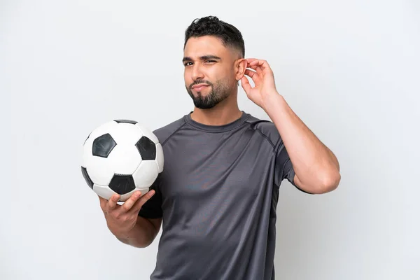 Arab Young Football Player Man Isolated White Background Having Doubts — Stock Photo, Image