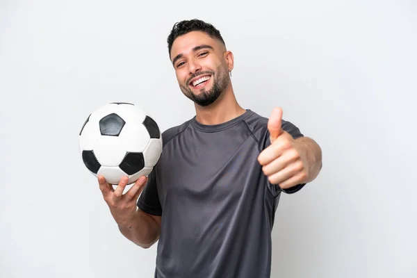 Árabe Joven Futbolista Hombre Aislado Sobre Fondo Blanco Con Pulgares —  Fotos de Stock