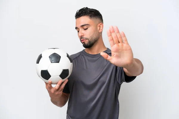 Arabo Giovane Giocatore Calcio Uomo Isolato Sfondo Bianco Facendo Gesto — Foto Stock