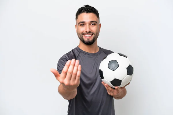 Arab Young Football Player Man Isolated White Background Inviting Come — Stock Photo, Image