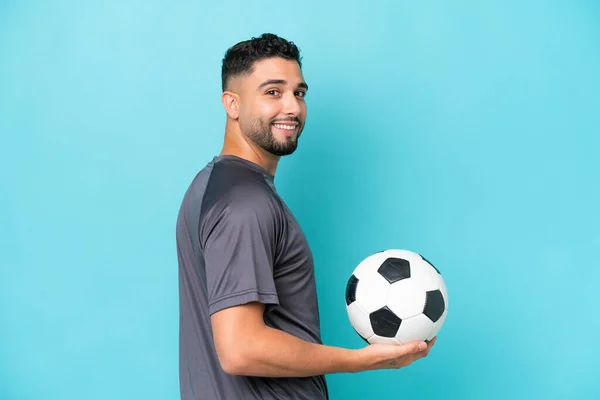 Young Arab Handsome Man Isolated Blue Background Soccer Ball — Stock Photo, Image