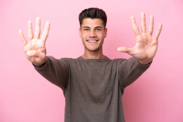 Young Caucasian Man Isolated Pink Background Counting Nine Fingers — Stok fotoğraf