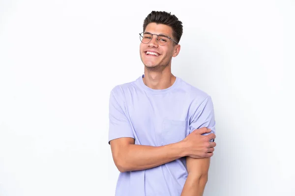 Jonge Kaukasische Man Geïsoleerd Witte Achtergrond Lachen — Stockfoto