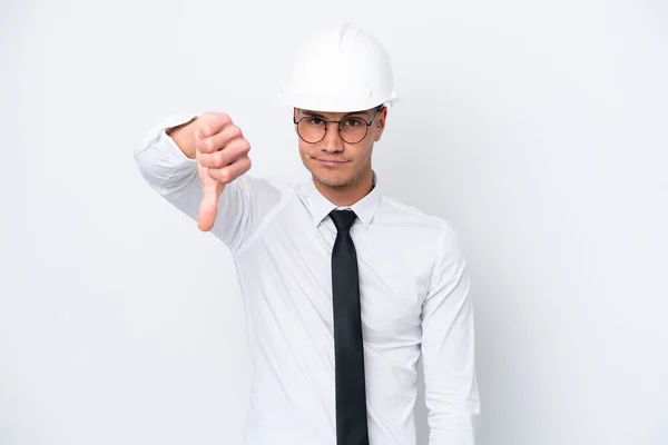 Young Architect Caucasian Man Helmet Holding Blueprints Isolated White Background — Stock Fotó