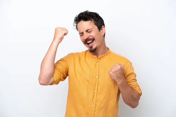 Young Man Moustache Isolated White Background Celebrating Victory — Foto Stock