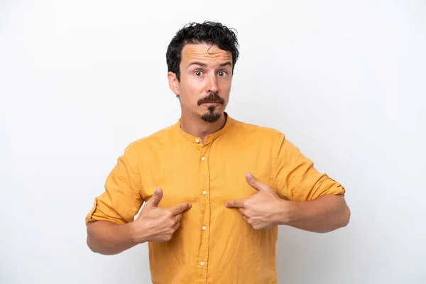 Joven Con Bigote Aislado Sobre Fondo Blanco Apuntándose Mismo — Foto de Stock