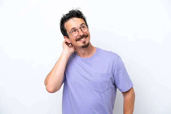 Joven Con Bigote Aislado Sobre Fondo Blanco Pensando Una Idea — Foto de Stock