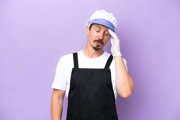 Fishmonger Man Wearing Apron Isolated Purple Background Headache — Stock Photo, Image