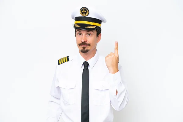 Airplane Caucasian Pilot Isolated White Background Pointing Index Finger Great — Stock Photo, Image