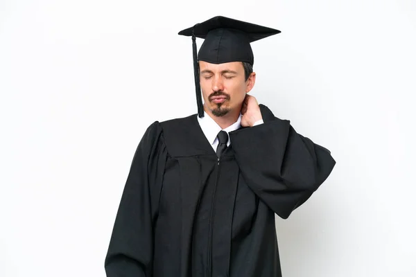 Fiatal Egyetemi Diplomás Férfi Elszigetelt Fehér Háttér Nyakfájás — Stock Fotó