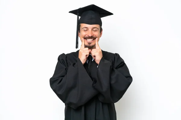 Jonge Afgestudeerde Man Geïsoleerd Witte Achtergrond Glimlachen Met Een Gelukkige — Stockfoto